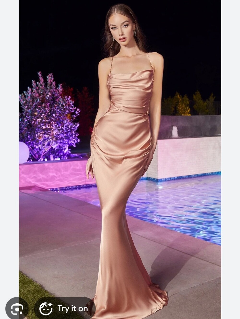 NWT AMORIS Cowl Neck Evening Gown Dusty Rose Blush Nylon Mermaid Bridesmaid Y2K